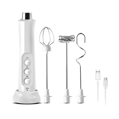 Mixer spuma lapte cu 3 teluri interschimbabile, incarcare wirless si acumulator incorporat, 3 trepte de viteza pentru spumare, frappe, cappucino, mixat oua, alb